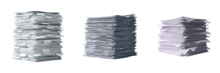 Three large stacks of paper piled high, each with varying amounts and arrangements.