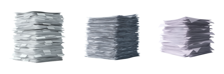 Three large stacks of paper piled high, each with varying amounts and arrangements.