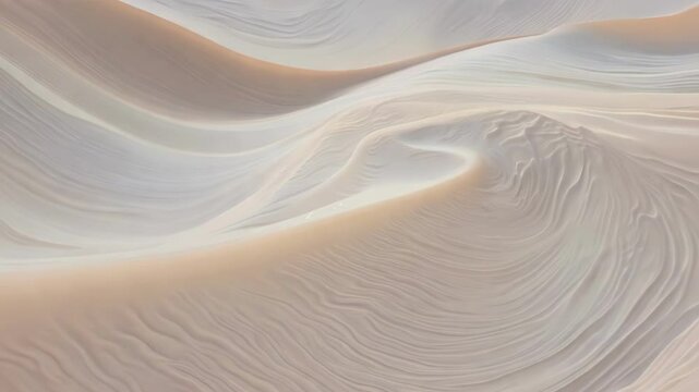 Undulating sand dunes with ripple patterns in soft beige tones. Gentle curves and textures of sandy landscape create abstract natural formation shifting across desert frame in warm light.