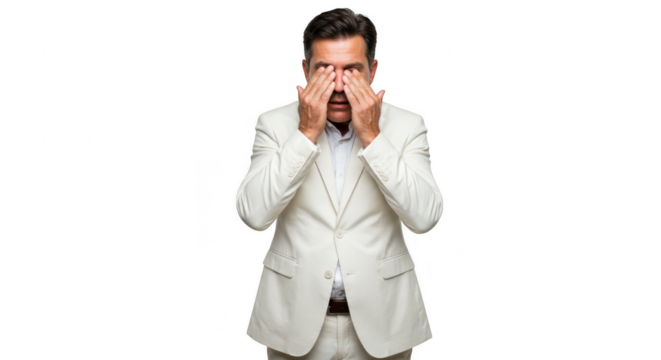 Man in suit rubbing his eyes isolated on transparent background