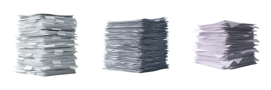 Three large stacks of paper piled high, each with varying amounts and arrangements.