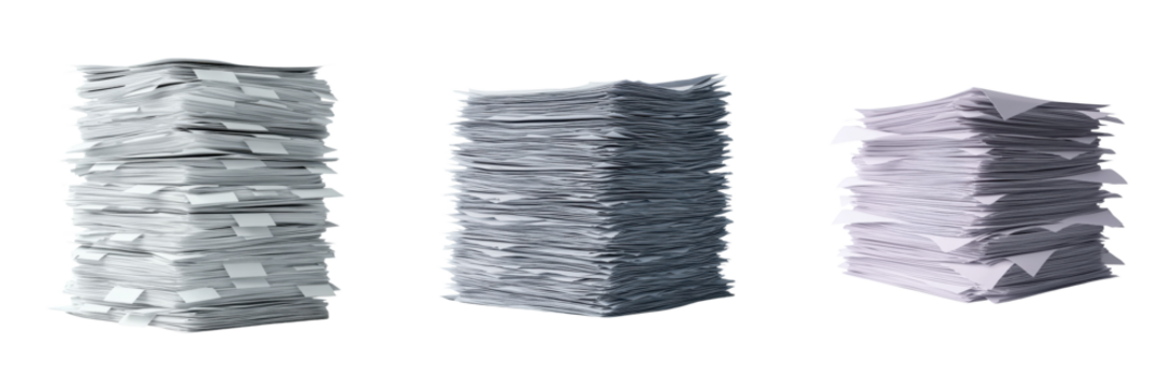Three large stacks of paper piled high, each with varying amounts and arrangements.