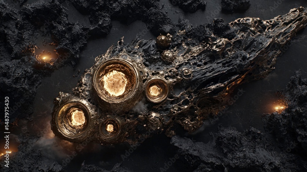 Poster abstract metallic object on a dark surface.