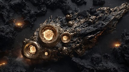 Abstract metallic object on a dark surface.
