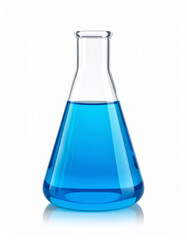 Conical flask containing blue liquid reflecting on white background