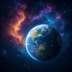 Obraz premium Earth with glowing nebula in cosmic background