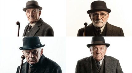Four old men in bowler hats, serious, posed portraits on a plain white background