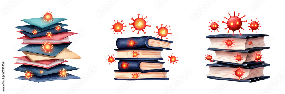 Poster content of stacks of books with virus-like symbols on and around them.