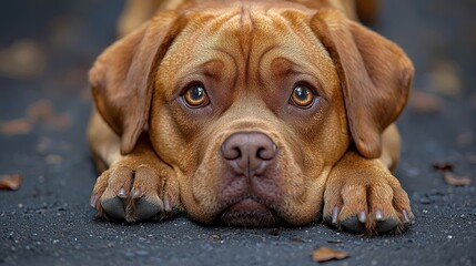 A fawn-colored dog rests its head on the ground, gazing intently at the camera with soulful eyes.  Its paws are neatly placed forward