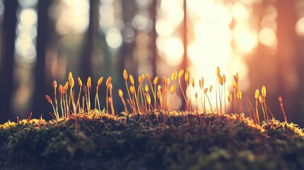 Golden sprouts emerging from forest moss at sunrise.
