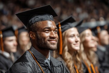 Obraz premium African male graduate in cap and gown sits with classmates during commencement ceremony, proud of academic achievement