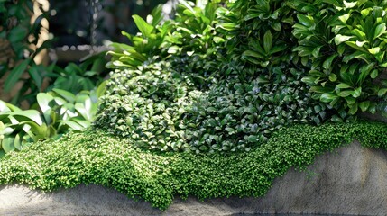 Lush greenery cascading over a stone surface.