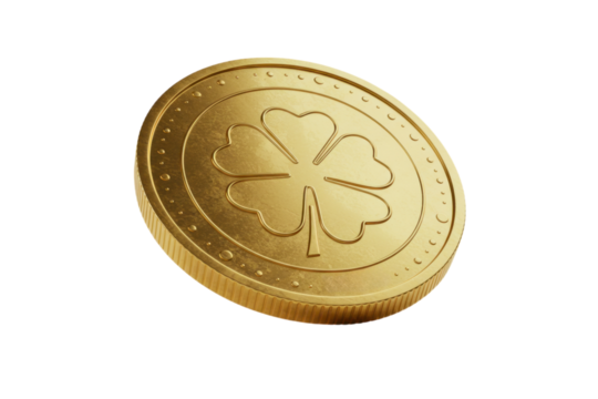 Shiny Gold Coin with Four Leaf Clover Symbol Representing Luck and Fortune