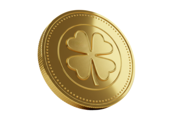 Golden coin with four leaf clover symbol isolated on transparent background