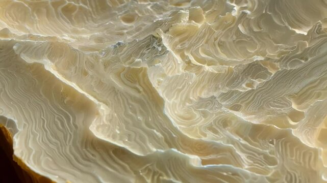 Layered translucent white alabaster stone with intricate natural patterns. Camera moves across illuminated mineral surface revealing detailed striations & flowing crystalline formations in close view.