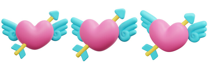 Set of Colorful Heart Symbols with Arrows and Wings for Love Themes 3d Render Icon Illustration
