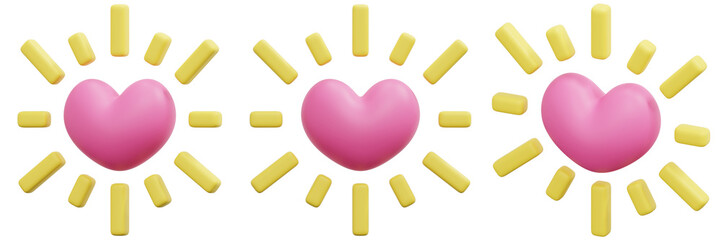 Set of Colorful Hearts with Sunburst Elements for Cheerful Backgrounds 3d Render Icon Illustration