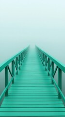 Fototapeta premium Escape exit minimalist. A long turquoise bridge stretches into thick fog, disappearing into the mist for a surreal, tranquil scene.