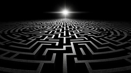 Escape exit minimalist. A complex, circular maze with a glowing light at the center, symbolizing challenge and hope in a dark environment.