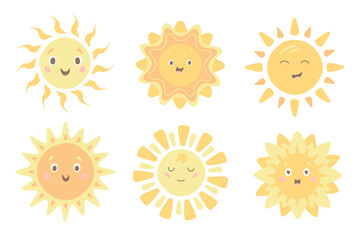 Vector sun. Cute children's illustration on a white background. Cheerful orange sun smiling