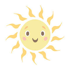 Vector sun. Cute children's illustration on a white background. Cheerful orange sun smiling