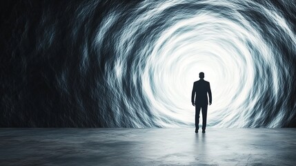 Escape exit minimalist. A person stands before a swirling, glowing portal, facing the unknown in a dark, mysterious environment.