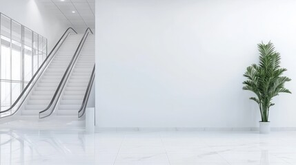 Obraz premium Escape exit minimalist. A clean, modern interior with a white escalator, glossy floor, and a potted plant against a minimalist wall.