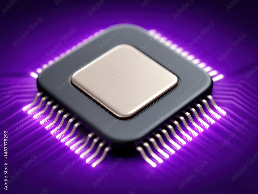 Poster advanced microchip technology showcased on a vibrant purple backdrop illuminating intricate circuitr