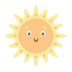 Vector sun. Cute children's illustration on a white background. Cheerful orange sun smiling