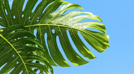 Lush tropical leaves with water droplets against a vivid blue sky.