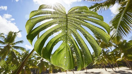 Tropical leaf, vibrant green, sunlit, rain droplets, lush foliage.