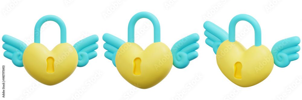 Poster set of vibrant heart locks with wings in playful and colorful design 3d render icon illustration