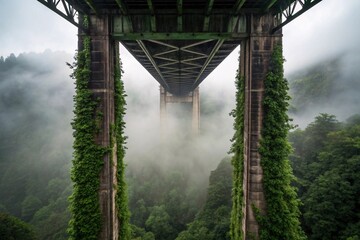 Fototapeta premium fog-covered bridge with overgrown support columns