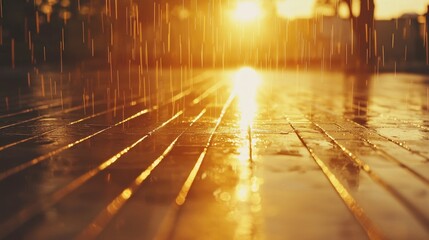 Golden sunset rain on a paved walkway.