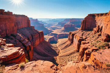 Sunlight illuminates a vast, layered canyon landscape with reddish-brown rock formations and deep shadows in this scenic photograph.