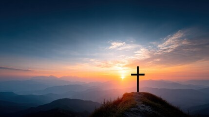 Fototapeta premium Majestic Wooden Cross on Mountain Summit at Sunrise with Breathtaking Sky and Scenic Landscape