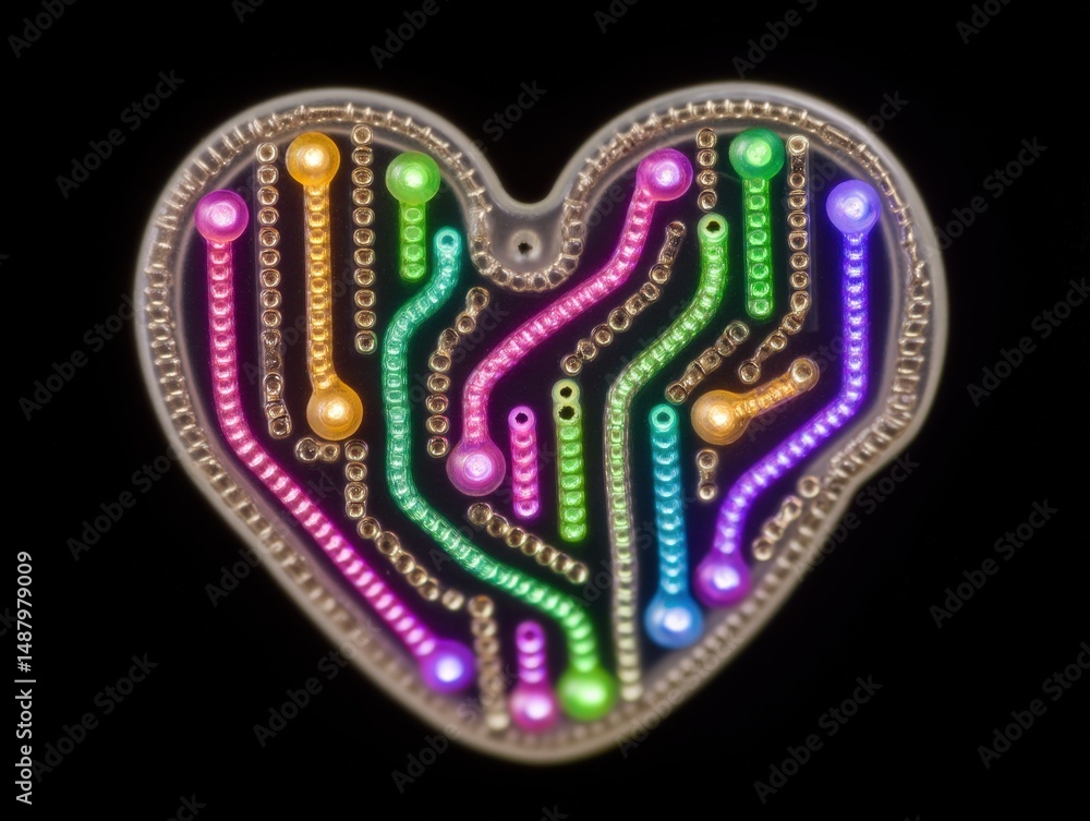 Poster heart-shaped composed circuitry design glowing with colorful light patterns representing technology 