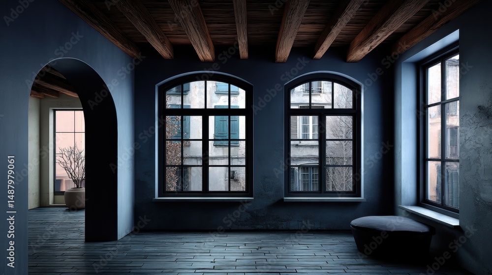 Poster minimalist empty room with stone floor and large windows in soft natural light