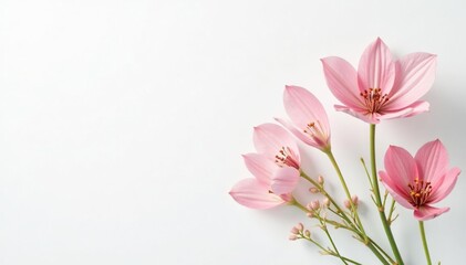 Fototapeta premium Delicate, minimalist floral sprigs on white backdrop, spring pattern, minimal
