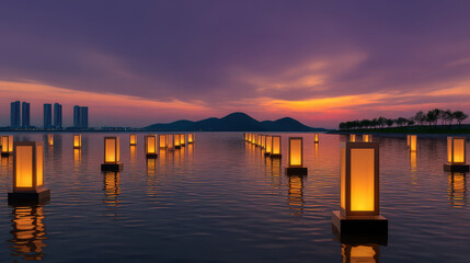 Obraz premium Illuminated lanterns float peacefully on a tranquil lake at twilight, reflecting the vibrant colors of the sunset sky near the distant city skyline backdrop.