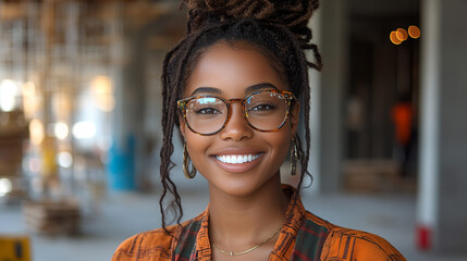 Smiling woman with glasses at construction site