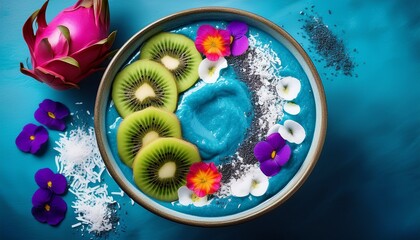 Blaue Spirulina-Smoothie-Bowl mit exotischen Toppings