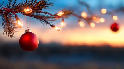 Red Christmas Ornament with Lights and Sunset