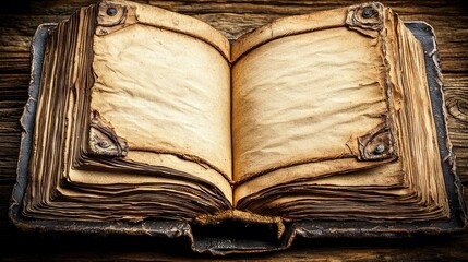 Aged, antique book open on a wooden surface.