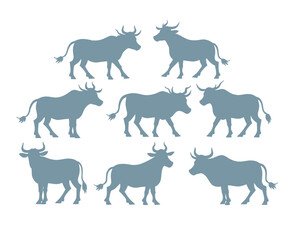 Eight Blue Silhouettes of Cattle in Various Poses