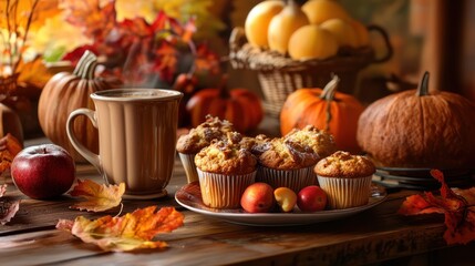 Autumnal Delight: Cozy Coffee, Pumpkin Muffins, and Fall Leaves