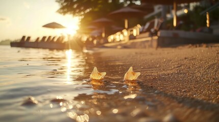 Golden sunset seascape with small shells on the shore.