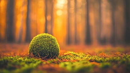 Autumnal forest scene with mossy sphere.