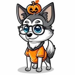 Festive Feline's Autumnal Attire: A charming illustration of a cat, clad in glasses and a pumpkin-adorned cap, ready for Halloween festivities. 