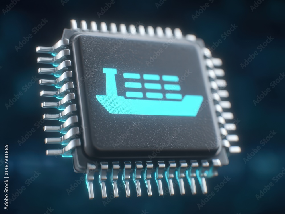 Poster high-tech microchip with digital ship icon symbolizing advanced logistics solutions enhancing global